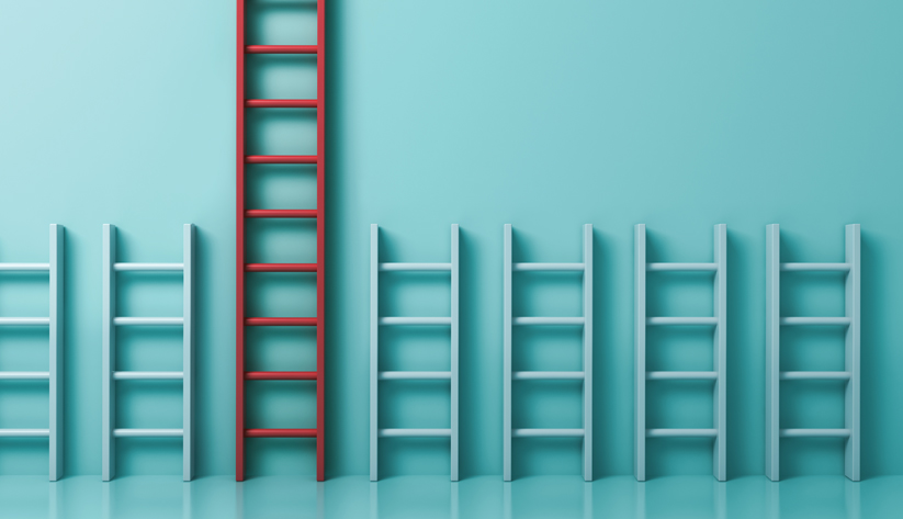 photo illustration of a series of short white ladders against a wall with one taller red ladder among them