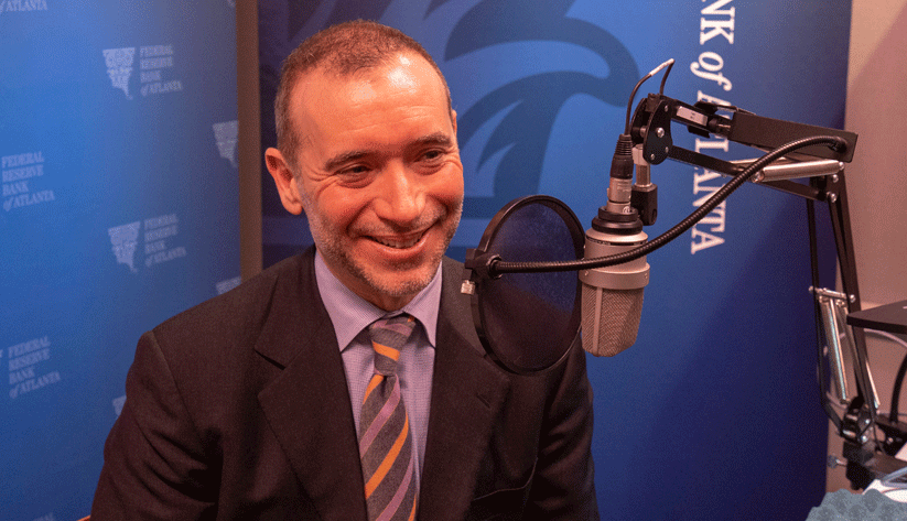 Heinz College professor Alessandro Acquisti during the recording of a podcast episode.